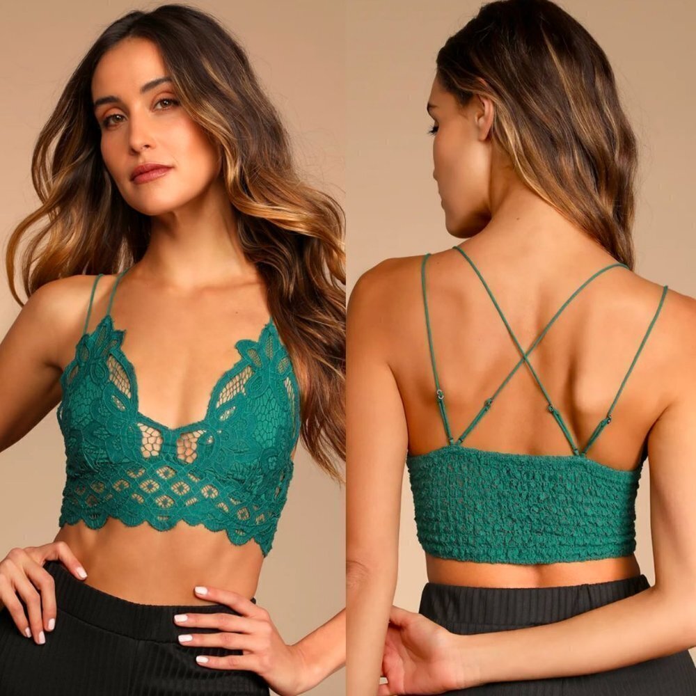 ☀️ FREE PEOPLE Adella Lace Boho Bralette Green XS Romantic Crochet